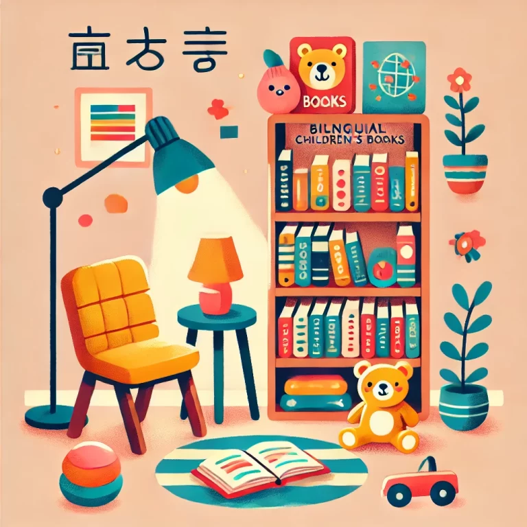 A cozy reading space for bilingual children with a small bookshelf, colorful bilingual books, and a comfortable chair in a warm, inviting room.
