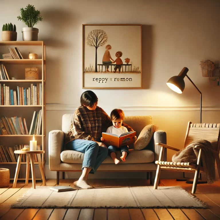 A cozy family reading space with a parent and child reading a bilingual children's book in a warm, inviting room