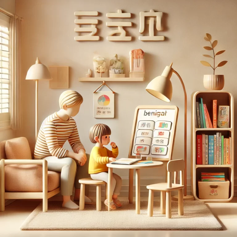 A cozy family language learning environment featuring a child and parent practicing language skills with bilingual books in a warm room.
