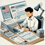 一位华裔美国人在桌上整理2024年报税文件的插图，包括W-2、1099表格、扣除和抵免清单以及日历，帮助理解报税过程