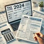 一张包含W-2、1099表格、社会安全号和电脑报税界面的插图，帮助在美华人了解2024年报税流程