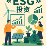 扁平化插画展示风电、光伏与金融增长图表，突出 ESG 投资的可持续与盈利双重价值