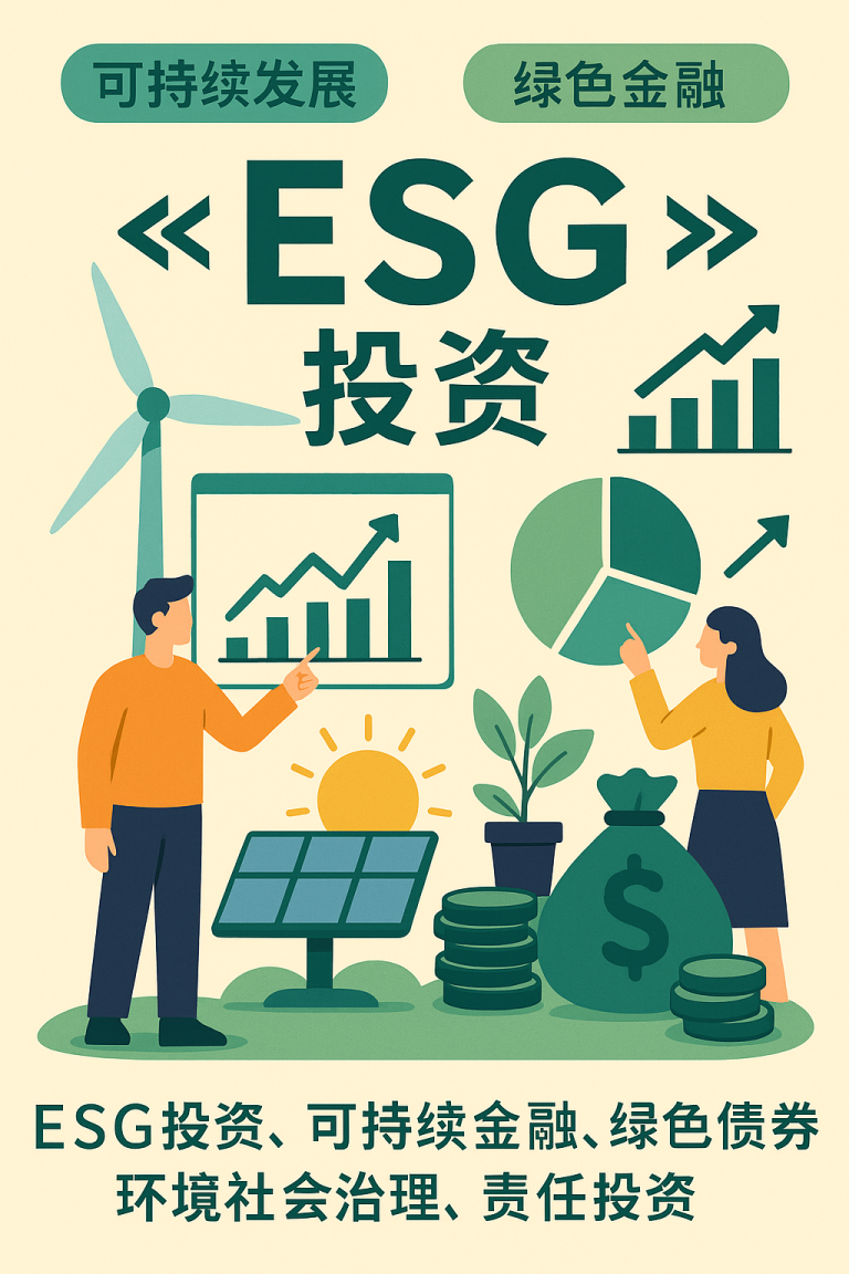 扁平化插画展示风电、光伏与金融增长图表，突出 ESG 投资的可持续与盈利双重价值