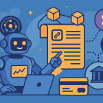 lat-style illustration of a friendly robo-advisor analysing a blockchain ledger, with payment, bank and card icons symbolising FinTech innovation