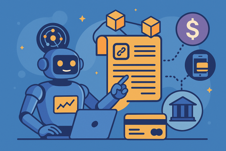 lat-style illustration of a friendly robo-advisor analysing a blockchain ledger, with payment, bank and card icons symbolising FinTech innovation
