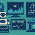 Flat-style illustration showing a robo-advisor dashboard, fraud-detection alert, bank icon and Chinese & US currency symbols, highlighting how artificial intelligence is reshaping financial services