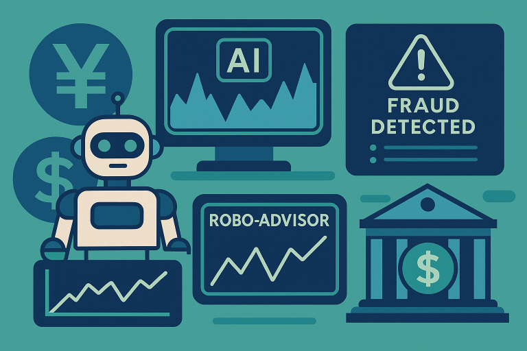 Flat-style illustration showing a robo-advisor dashboard, fraud-detection alert, bank icon and Chinese & US currency symbols, highlighting how artificial intelligence is reshaping financial services