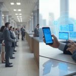 数字银行与传统银行对比插图，展示2025年金融服务从传统柜台到智能应用的转变