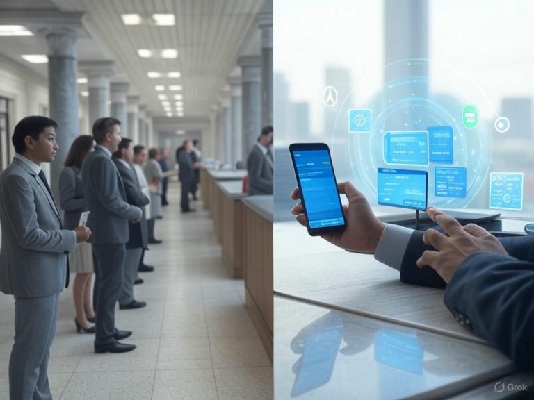 数字银行与传统银行对比插图，展示2025年金融服务从传统柜台到智能应用的转变
