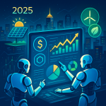 2025年金融科技趋势插图，展现未来城市中AI机器人管理投资，绿色能源与区块链图标点缀夜景，蓝绿色调科技氛围