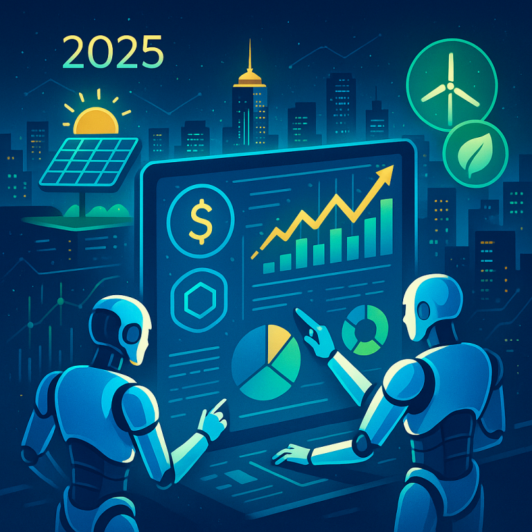 2025年金融科技趋势插图，展现未来城市中AI机器人管理投资，绿色能源与区块链图标点缀夜景，蓝绿色调科技氛围