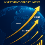 Futuristic global map highlighting China India Vietnam with rising investment arrows and economic growth charts in 2025