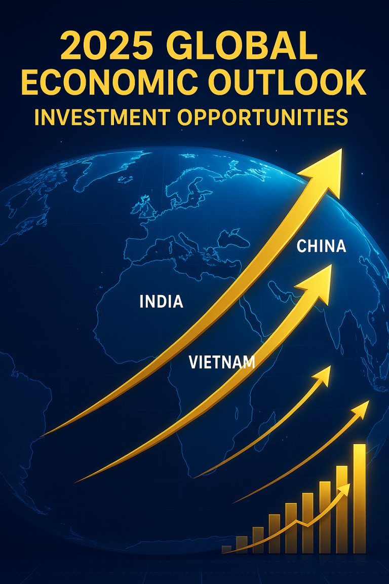 Futuristic global map highlighting China India Vietnam with rising investment arrows and economic growth charts in 2025
