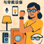Flat-style illustration of a woman using a smartwatch and smart glasses surrounded by smart-home devices (speaker, thermostat, video doorbell) — highlights 2025 smart-living trends