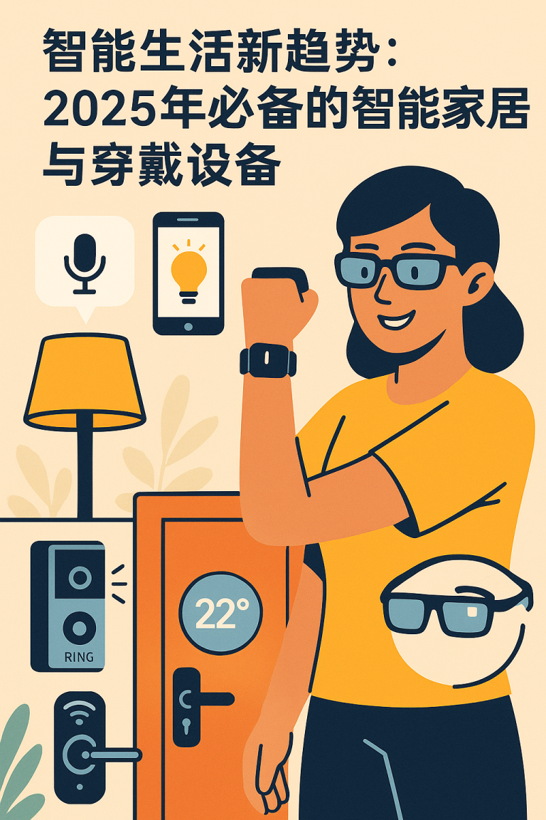 Flat-style illustration of a woman using a smartwatch and smart glasses surrounded by smart-home devices (speaker, thermostat, video doorbell) — highlights 2025 smart-living trends