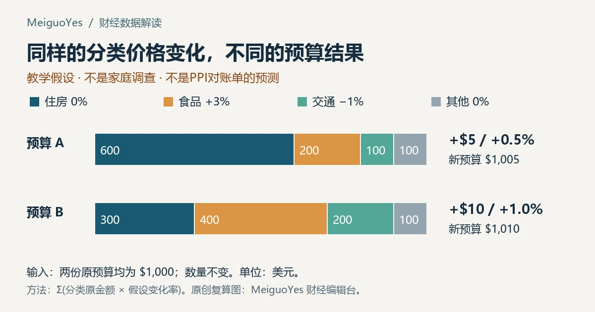 假设分类价格变化相同，预算A增加5美元（0.5%），预算B增加10美元（1.0%）的对比图。